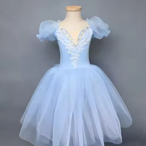 Blue Giselle Ballet Dance Ballerina Tulle Tutu Dress Skirt For Girls Kids Stage Performance Costume 