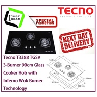 Tecno T 3388TGSV 3-Burner 90cm Glass Cooker Hob with Inferno Wok Burner Technology