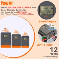 PowMr MPPT ตัวควบคุมเครื่องชาร์จพลังงานแสงอาทิตย์ 20A 30A 40A 12 / 24V ตัวควบคุมแผงโซลาร์เซลล์จอแสดงผล LCD โหมดควบคุมโหลดต่างๆ Support lithium battery