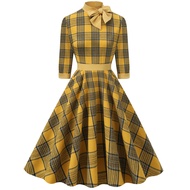 Women Vintage Plaid Dress With Pocket Rockabilly Cocktail Party 1950s 40s 50s Swing Dress Long Sleev