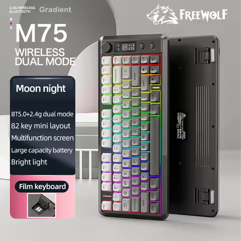 FREEWOLF M75 Wireless Bluetooth Gaming Keyboard 82 Keys Gradient PBT Keycaps Large Battery Display S