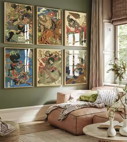 Antique Japanese Utagawa Kuniyoshi Ukiyo-e Heroes of The Water Margin Samurai Canvas Poster Wall Art