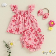B935G-2Pcs Baby Girl Summer Outfits Fly Sleeve Floral Print Tank Tops + Shorts Set Toddler Clothes