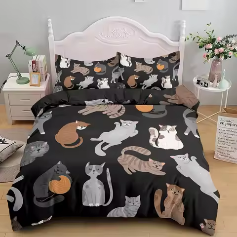 3PCS Single-sided Printed Bedding Set ,Comforter Cartoon Cute Cat Duvet Bedding Cover Pillows Comfor
