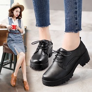 รองเท้าผู้หญิงลำลองสีดำหนังแท้ของผู้หญิง,รองเท้าอ๊อกฟอร์ดรองเท้าส้นตึกสไตล์เกาหลีรองเท้าผู้หญิงใส่สบาย