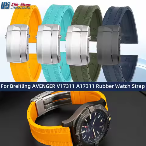 22mm Universal Folding Buckle Rubber Watch Strap Accessories For Breitling AVENGER V17311 A17311 A17