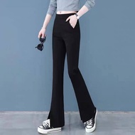 กางเกงขากระดิ่งสไตล์เกาหลีเอวสูงยางยืดผ้าบางเข้ารูปกางเกงลำลองขายาวสีดำ！！！