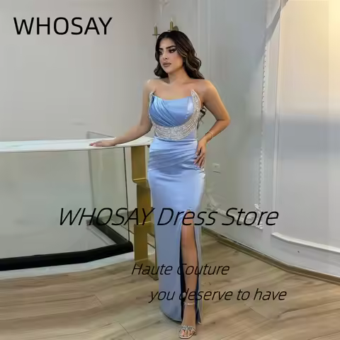 WHOSAY Sky Blue Prom Dresses Handmade Beading Strapless Wedding Party Bridesmaid Dress Side Slit Coc
