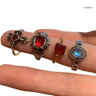 【CH*】 4 Pieces Vintage Grunge Red Crystal Rings for Women Creative Finger Accessories