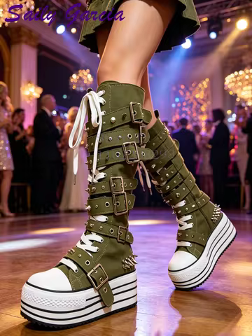 Vintage Studded Knee-high Boots Military Green Canvas Rivet Y2K Platform Boots 2026 Women Big Toe Pu