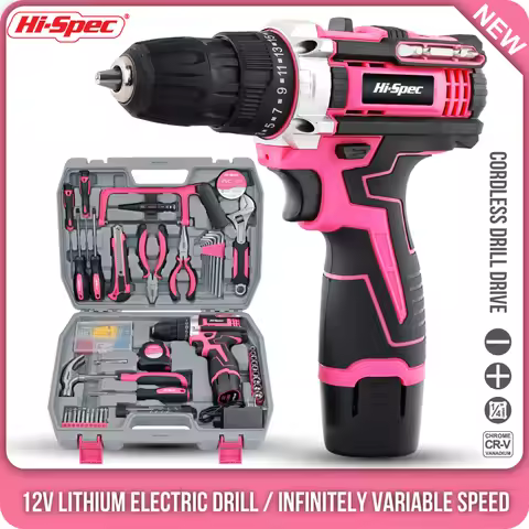 Hi-Spec Pink Electric Screwdriver Drills Kit Home Tool Kits Set Repair Electric Cordless Drills Comp