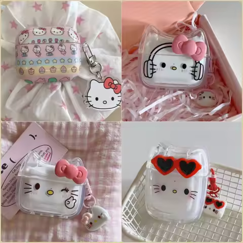 3D Cute Cat Ears Hello Kitty Transparent Earphone Case for Apple Airpods Pro Pro2 Airpods 4/3/2/1 Wi