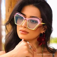 K 5CY [Shipped from China] Cat Eye Hollow Color Matching Plain Glasses Metal Anti-Blue Light Europea