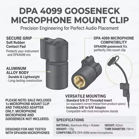Microphone Clip for DPA 4099 Fits 5-6mm Instrument Mic Holder with Built-in 3/8" 5/8" Thread for Sta