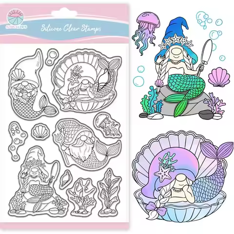 Mermaid Gnome Clear Stamps for Scrapbooking Seaweed Shells Silicone Stamps Summer Ocean Transparent 