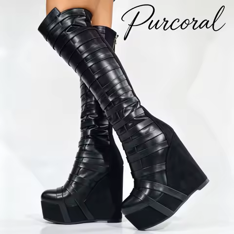 Women Multi Strap Platform Wedge Knee High Boots Faux Leather Round Toe Side Zipper Gothic Punk Tall