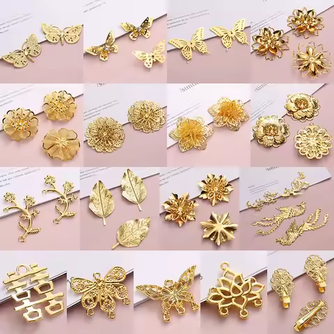 8pcs/lots Metal Filigree Wraps Flowers Leaves Butterfly Slice Pieces Connectors Embellishments Golde