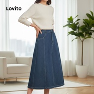 Lovito Denim Skirt Kasual Poket Wanita L37AD066 Musim Panas Musim Bunga