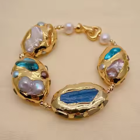 KKGEM Blue Kyanite 24x35mm Multi Color Shell Pearl Beaded Bracelet