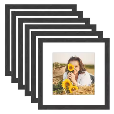 Picture Frame Rustic Black Wood Set of 6,Display Square Pictures 8x8 with Mat or 12x12 Without Mat,M