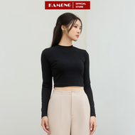 Áo thun nữ croptop tay dài cổ cao KAMONG chất liệu thun tăm A150