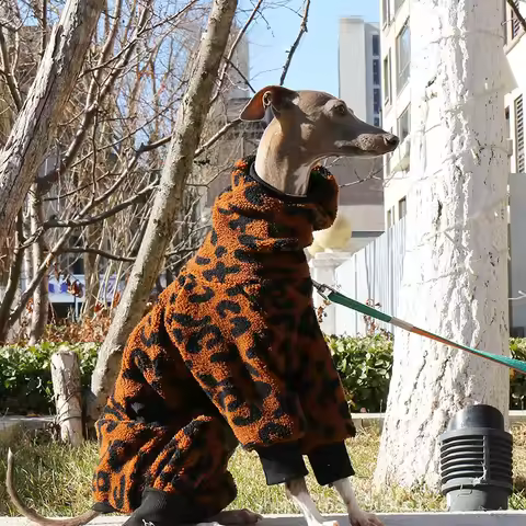 S-4XL Leopard Print Plush Pet Dog Clothes Winter Whippet Italian Greyhound High Neck Warm Jumpsuit D