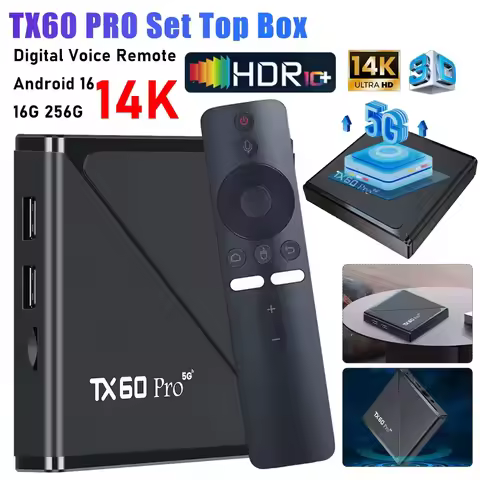 TX60 PRO Android 16 TV Set Top Box 2.4G/5G Dual WiFi Media Players with Remote 14K Android Smart TV 