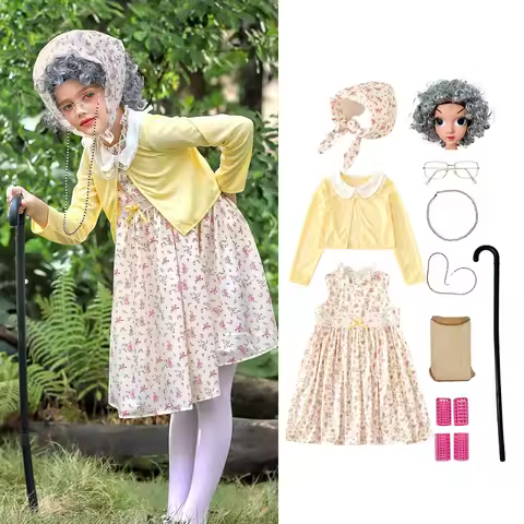 100 Days of School Children Old Lady Costume Girls Fancy Grandma Cosplay Dress Wig Accessory Set Hal
