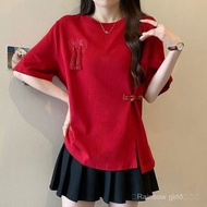 新中式国风流苏盘扣短袖T恤女2024夏季新款宽松显瘦大码300斤上衣Fat pulssize oversize T-shirts
