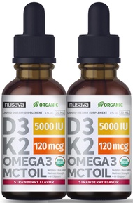 (2 Pack) Organic Vitamin D3 K2 Drops w MCT Oil Omega 3, Maximum Strength, 5000 IU, No Fillers, Non-G