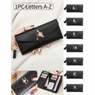1pc Women's Folding Long Wallet, Black PU Leather Material, Decorated With Gold Floral Pattern & A-Z