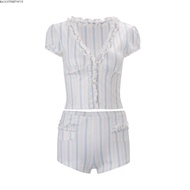 Backstreet4fzs Elegant Deep-V Ruffle Trim Striped Top & High-Waist Shorts | Women's Outfit Set
