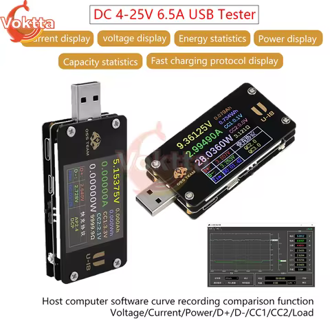 USB Tester DC 4-25V 6.5A Voltmeter Ammeter QC/PD Fast Charging Tester Voltage Current Test Power Ban