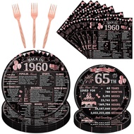 65th Birthday Decorations for Women, 96PCS Back in 1960 65th Party Plates Napkins and Forks Tablewar