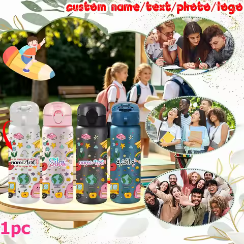 1pc Custom Name Back to School Globe & Schoolbag Pattern 780ml/26oz Plastic Water Bottle Outdoor Tra