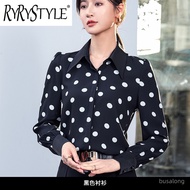 RYRYSTYLE Black polka dot shirt womens new stylish square neck long sleeved anti glare top polka dot