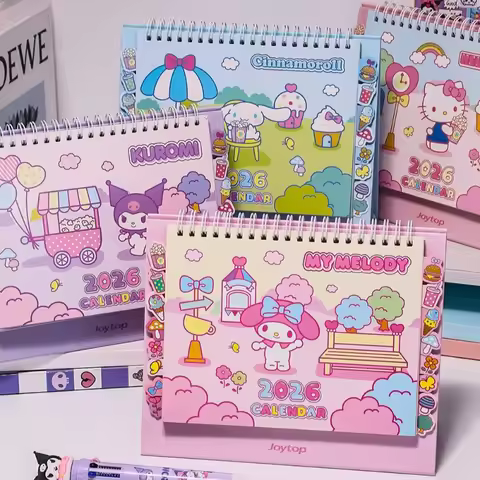 2026 Sanri My Melody Double Coil Flip Desk Calendar Anime Kuromi Cinnamoroll Desktop Ornament Office
