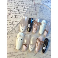M324 Spring Summer Miffy Cute Kitten Bow Wearing Nails Mid-Length High-End Cute Semi-Handmade Manicu