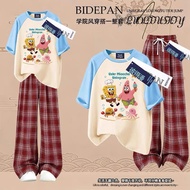 Women's set of straight-leg red checkered pants + and cute sponge cotton t-shirt-nguyentrinh90