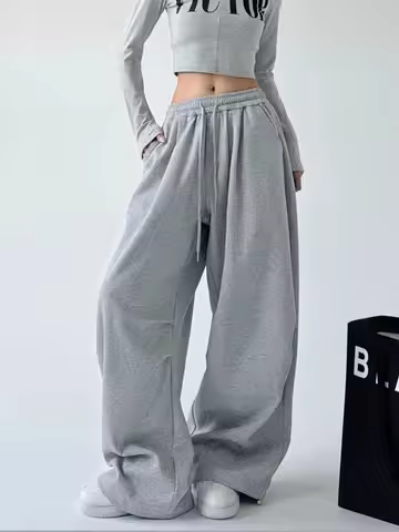 Women's Y2K Harajuku Wide-leg Sportswear, Loose Grey Sportswear, High-waisted Lace-up Casual Jogging