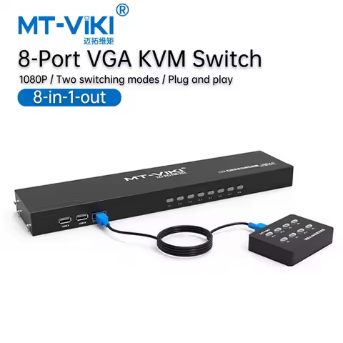 MT-Viki 8 Port Smart KVM Switch Manual Key Press VGA USB Wired Remote Extension Switcher 1U with Ori