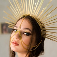 Gold halo crown Face chain Sunburst goddess headpiece Celestial wedding tiara