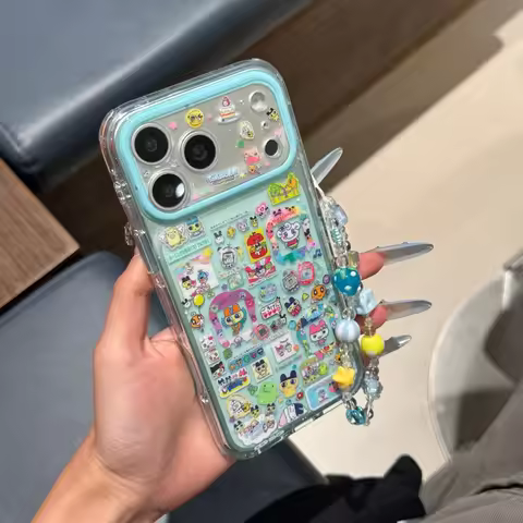 Cute Cartoon Tamagotchi Sticker Phone Case for iPhone 17 Pro 16 Max 15 16 17 Pro Max 15 16Pro Mint G
