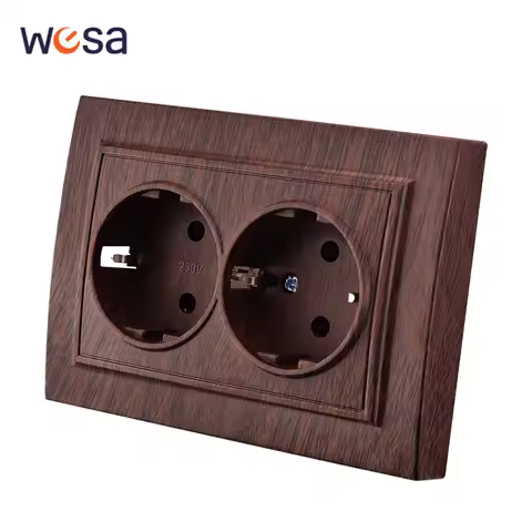 WESA Wooden Spray Paint Wall Embed Socket Plugs Brown Power 2 Sockets EU Electrical Outlett With Gro