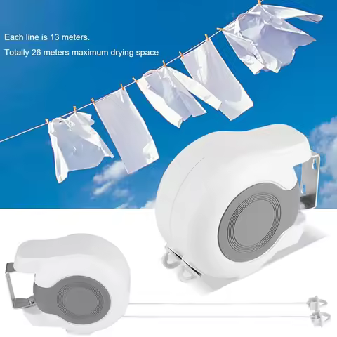 Clothes Line 13m Wall Mounted Retractable Double Clothes Drying Line Indoor Outdoor Washing Landry T
