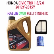 HONDA CIVIC TRO 1.8/2.0 OIL FILTER + AIR FILTER + FUELUBE 0W20 FULLY  SYNTHETIC ENGINE OIL