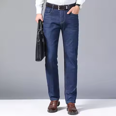 Summer Men's Denim Pants Old Blue Washed Male Jeans Straight Casual Menwear Loose Wide Leg Trousers 