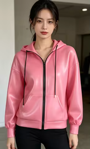 100% Latex Rubber Gummi Jacket Hooded Coat Top Pink Size XXS-XXLMasquerade ball