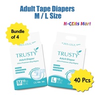 (BUNDLE OF 4 ⇒ 40 Pieces in One Polybag) Trusty Adult Ultra Premium Tape Diapers, M / L Size