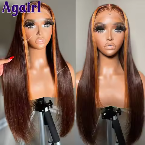 Highlight Ginger Brown Bone Straight 6X4 Lace Closure Human Hair Wigs 200% 30 34 Inch Peruvian 13x6 